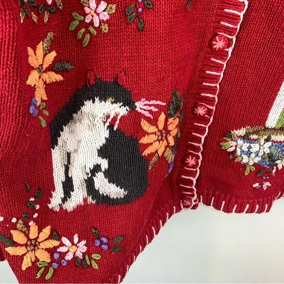 Vintage Knit Red Cat Sweater Size Large Button Front Cardigan - Picture 7 of 16